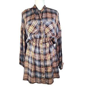 NWT HYFVE  Brown Black Tartan Plaid Flannel Long Sleeve Shirt Babydoll Dress